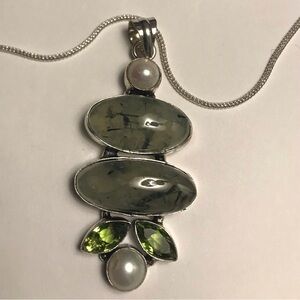 Prehnite Peridot Pearl 925 Sterling Silver Necklace